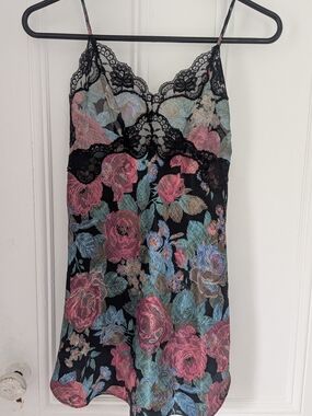 Vintage Victoria's Secret Black Floral Satin Chemise with Pink & Blue Flowers